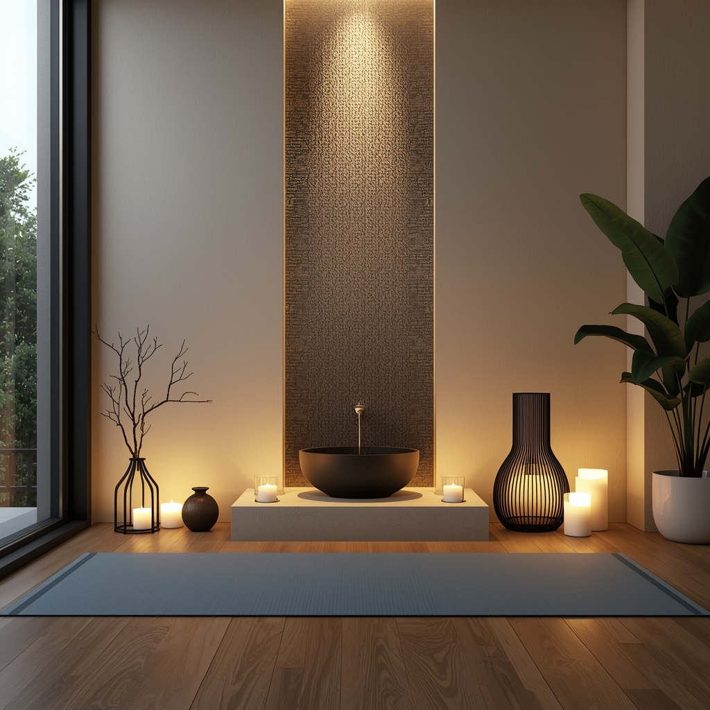 A peaceful meditation corner in a modern home with a yoga mat, a small indoor fountain, soft candles, warm ambient lighting, wooden floor, green plants, zen atmosphere, no people, ultra-realistic photography